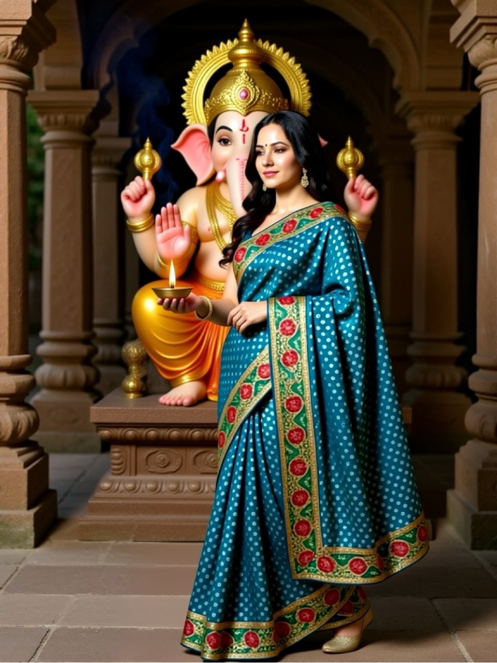Teal Blue Embroidered Floral Saree with Gold Border
